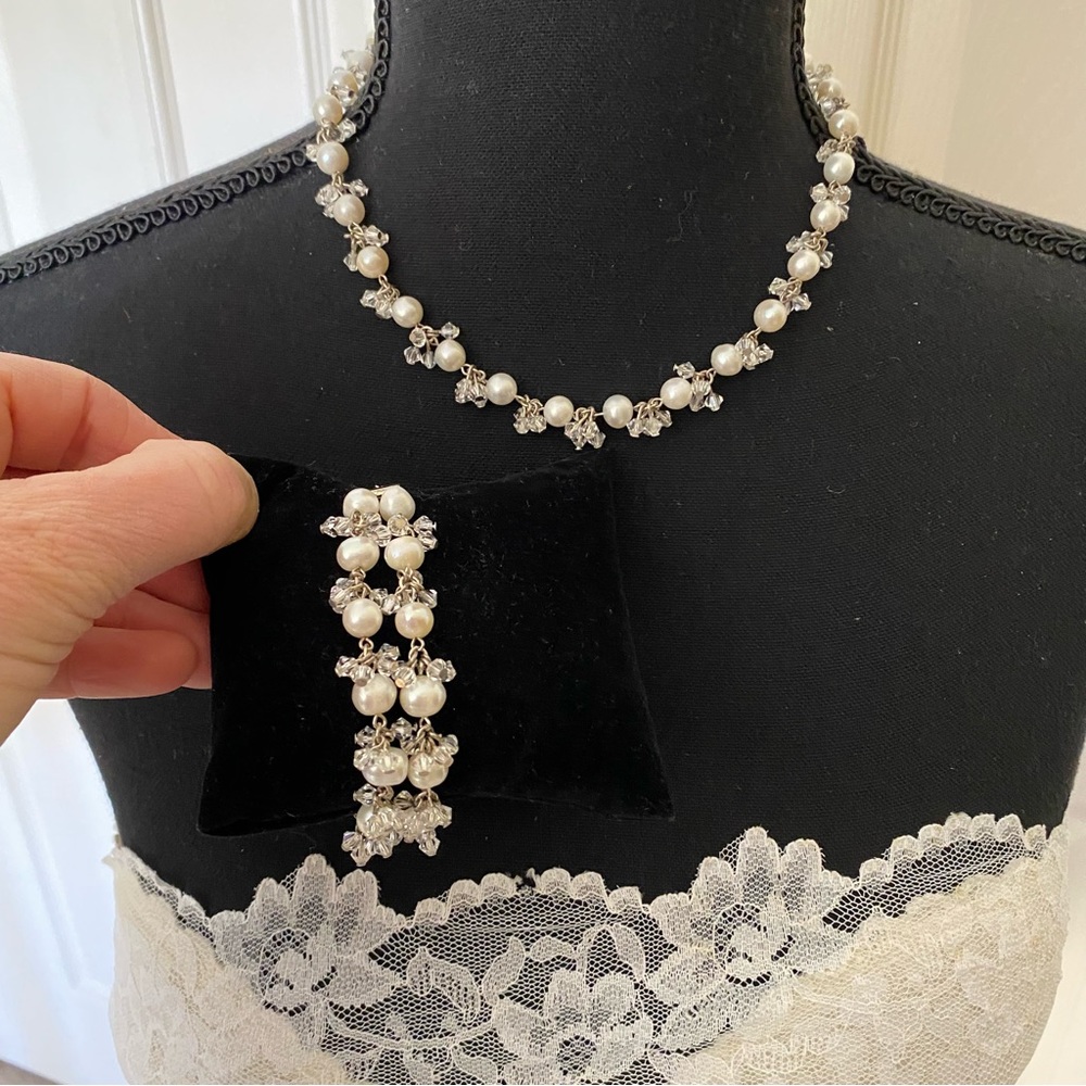 Genuine Freshwater Pearls & Clear Chrystal Cha Cha Necklace/Bracelet Wedding Set